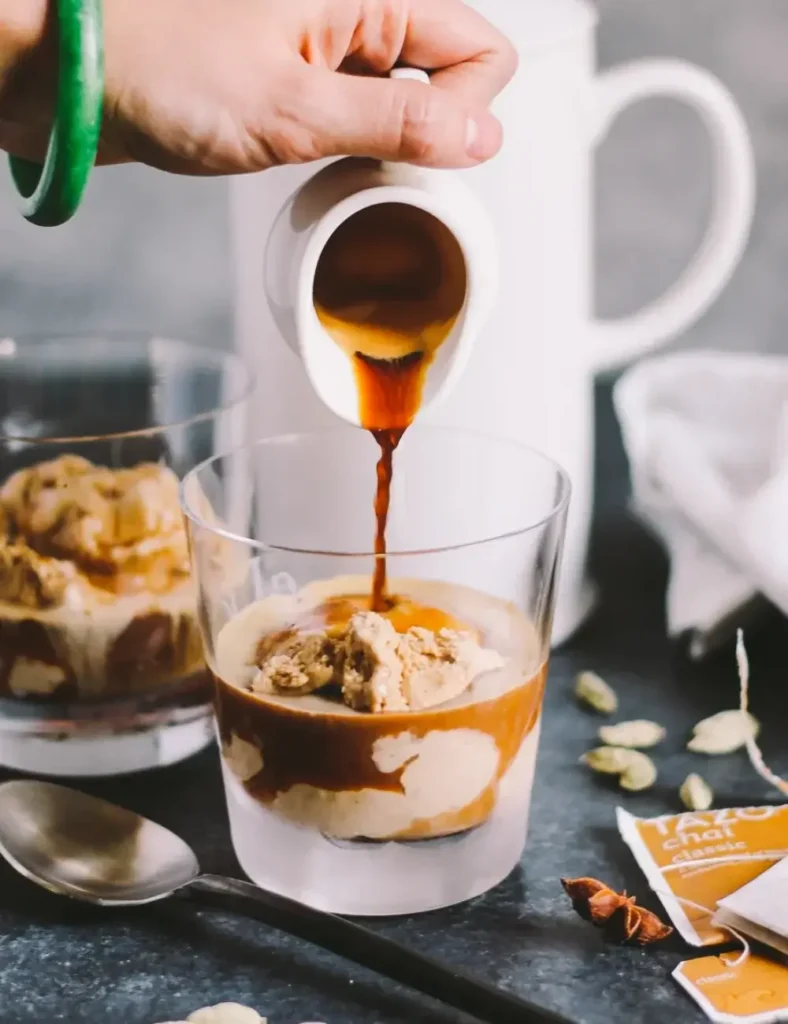 dirty chai affogato with homemade chai ice creampresso Cheesecake